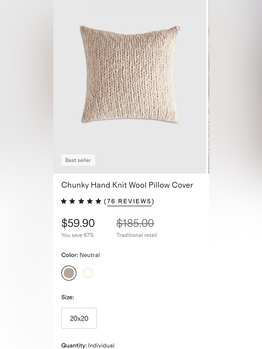 NWT Quince Chunky Hand Knit Wool Pillow Cover, 20 X 20 (Neutral) - Picture 2 of 5